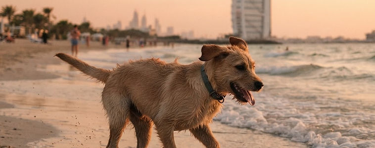 Dog running on Jumeirah beach with the Burj Al Arab behind