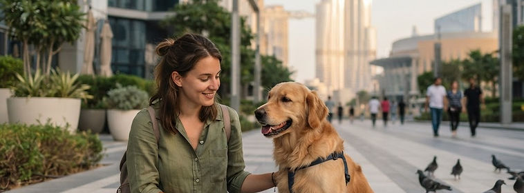Dog sitting beside its owner in Downtown Dubai with Burj Khalifa behind