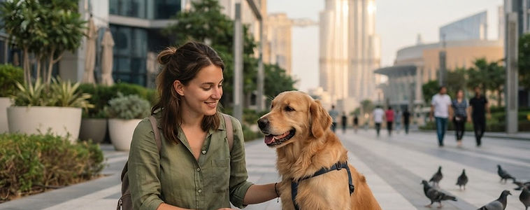 Dog sitting beside its owner in Downtown Dubai with Burj Khalifa behind