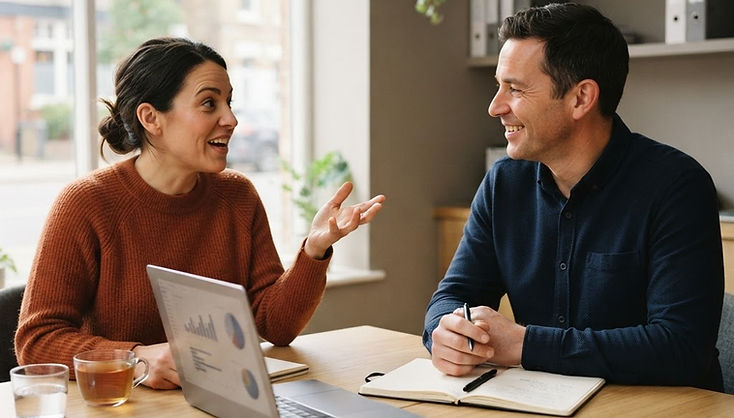A consultant talking through a website with a small business owner across a table