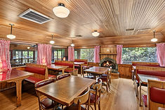 Red upholstered booth seating