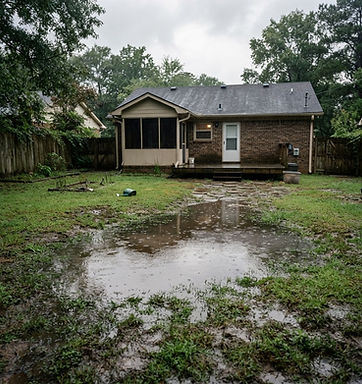 Backyard with standing water pooling on the lawn after heavy rain