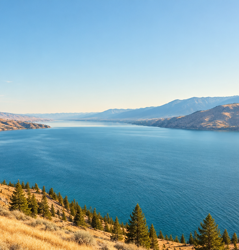 Lake Okanagan in Kelowna seen from above, with the city's hills and mountains beyond