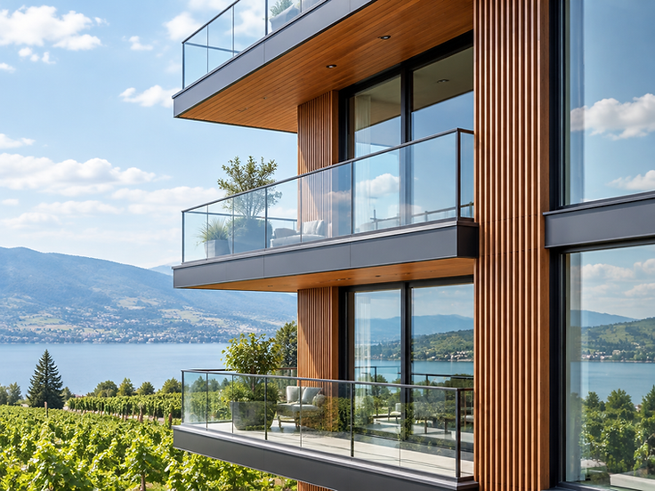 Modern glass and wood condo façade in Kelowna reflecting the sky