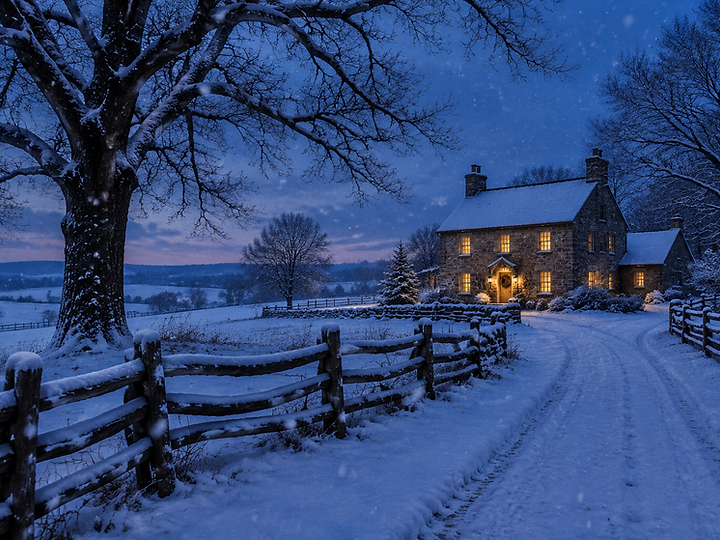A snow-covered country lane at blue hour near a lit stone farmhouse outside Gettysburg