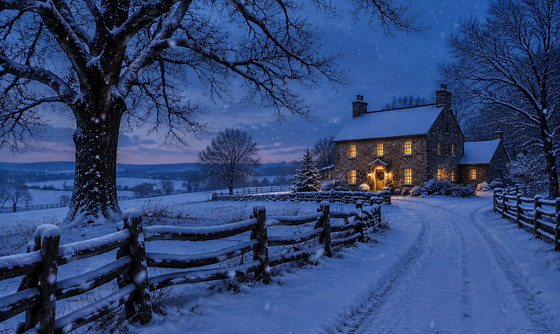 A snow-covered country lane at twilight with a stone farmhouse glowing with candlelit windows near Gettysburg
