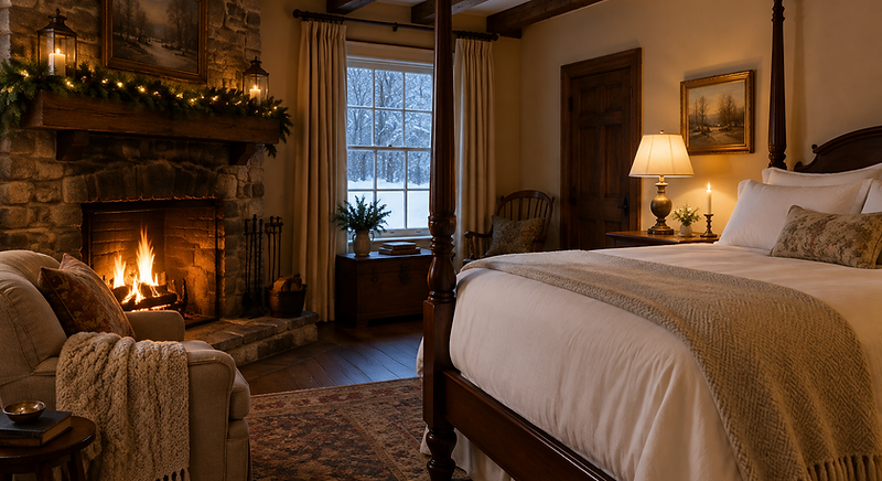 A cozy historic inn room in winter with a lit fireplace, the perfect Gettysburg Christmas gift