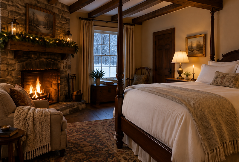 A cozy historic inn guest room in winter with a lit fireplace, white linens and a knitted throw over an armchair