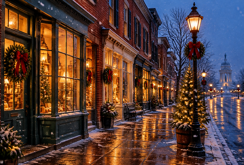 Brick storefronts on a historic Gettysburg shopping street glowing warmly at dusk with evergreen wreaths on the doors