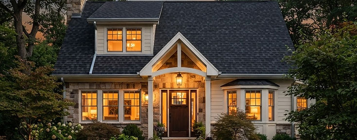 Cottage home with a new dark shingle roof and silver gutters at dusk