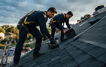 Roofers installing architectural shingles on a steep roof