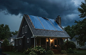 Storm damaged roof secured with a tarp under dark clouds