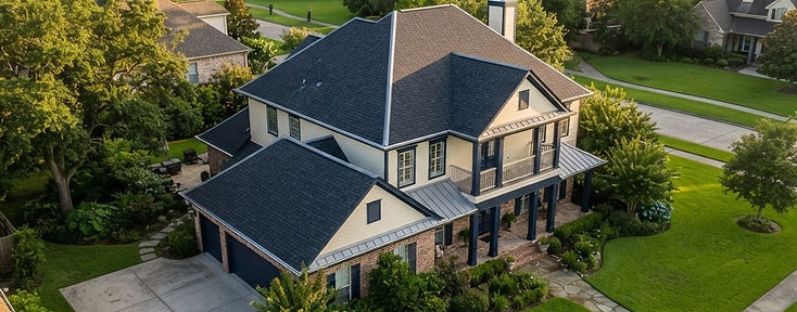 Aerial view of a completed residential re-roof in Louisiana