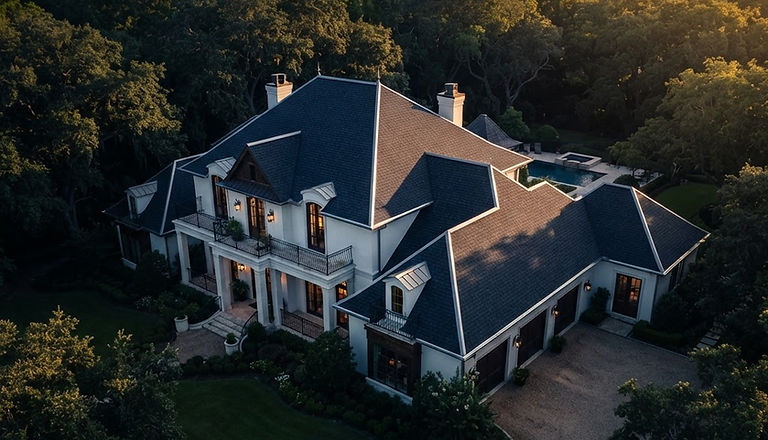Aerial view of a newly installed architectural shingle roof on a Louisiana home