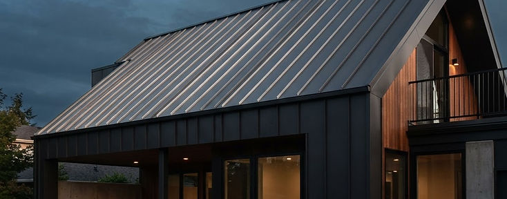 Standing seam metal roof in charcoal on a modern home