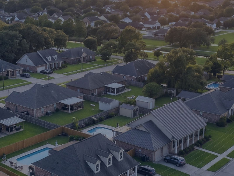 Aerial sunset view of a New Orleans neighborhood with newly roofed homes
