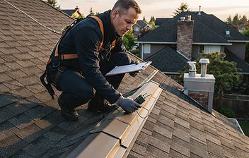 Roofing inspector examining shingle rows and ridge caps