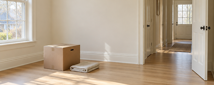Empty sunlit room with clean pale oak floors in a New England home
