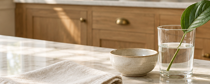 Polished marble kitchen counter with a folded linen cloth and a glass of water