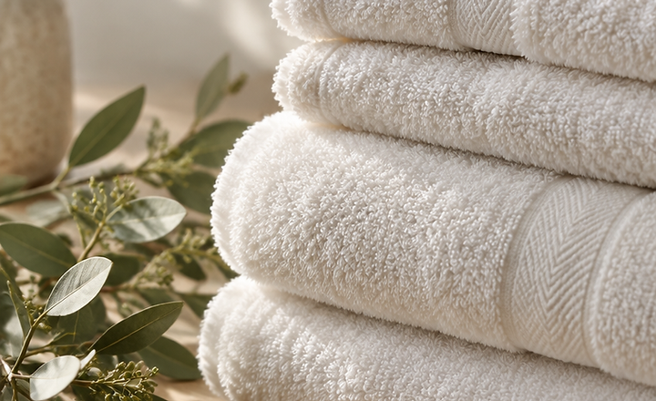 Stack of freshly folded white towels beside a sprig of greenery