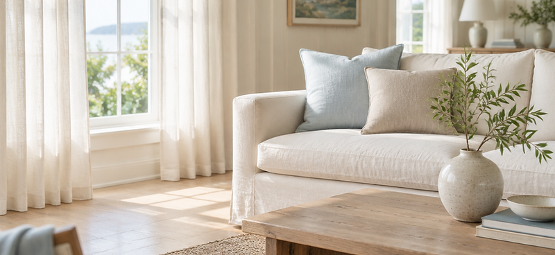 Sunlight falling across a freshly cleaned living room with white linen curtains and pale oak floors