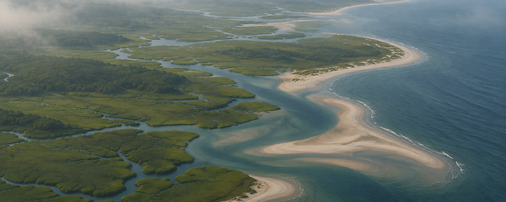 Aerial view of the Massachusetts coastline where marshland meets the sea