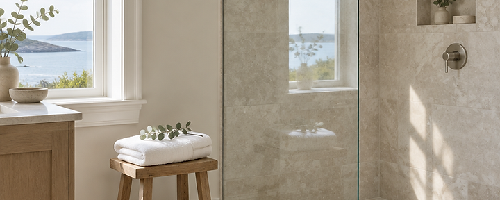 Spotless glass shower and pale stone tile in a bright bathroom