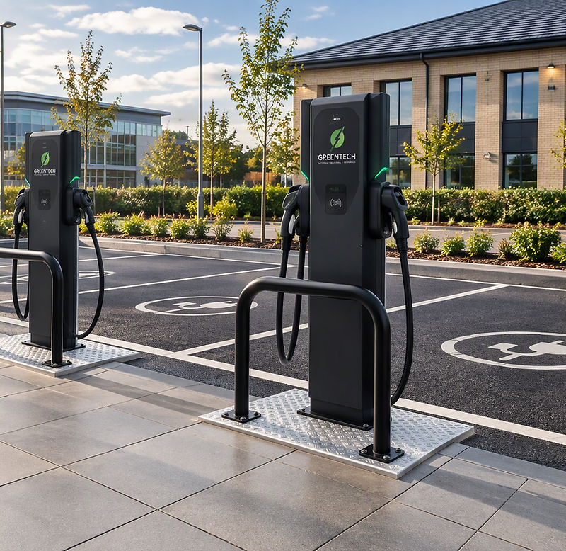 Three Greentech-branded EV charge points protected by steel bollards in a commercial car park, beside a Greentech services sign