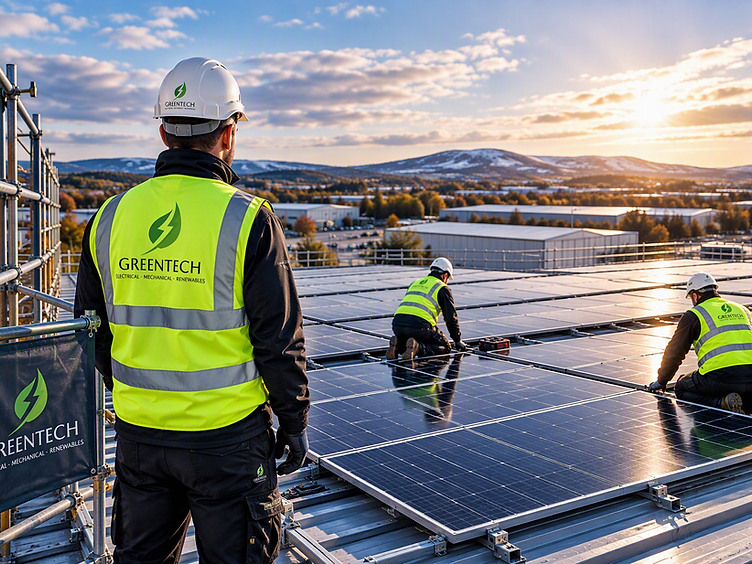 Greentech engineers in branded PPE installing a solar PV array on a large commercial roof at sunset