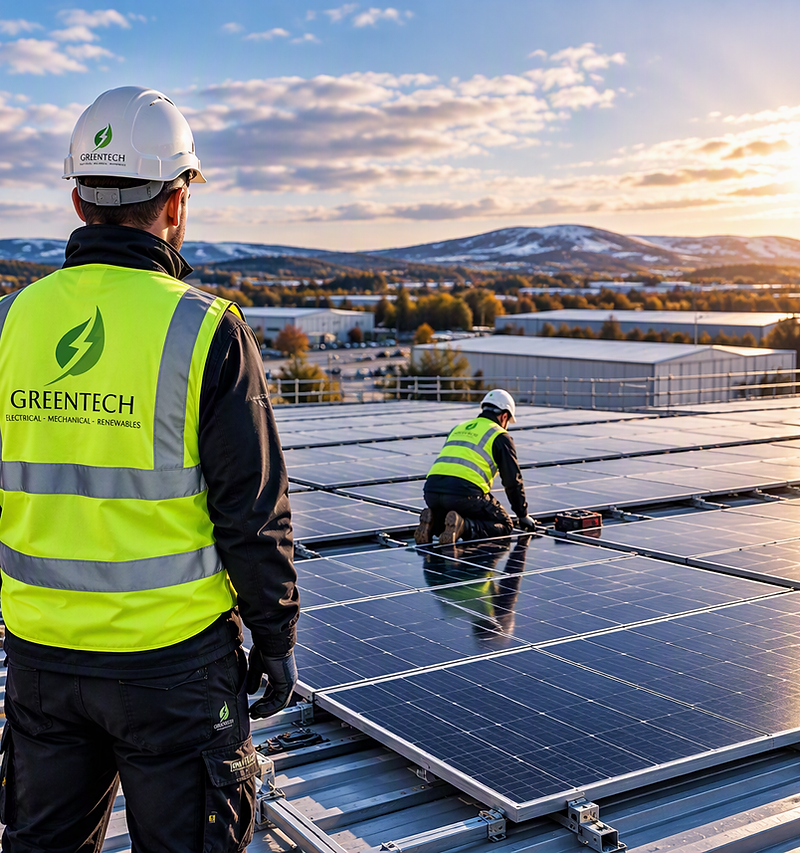 Greentech engineers in branded PPE installing a solar PV array on a large commercial roof at sunset
