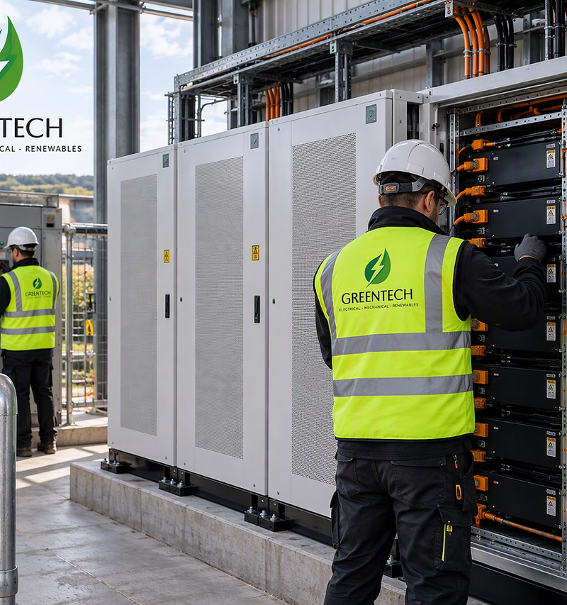 Greentech engineers commissioning battery energy storage cabinets on an industrial site