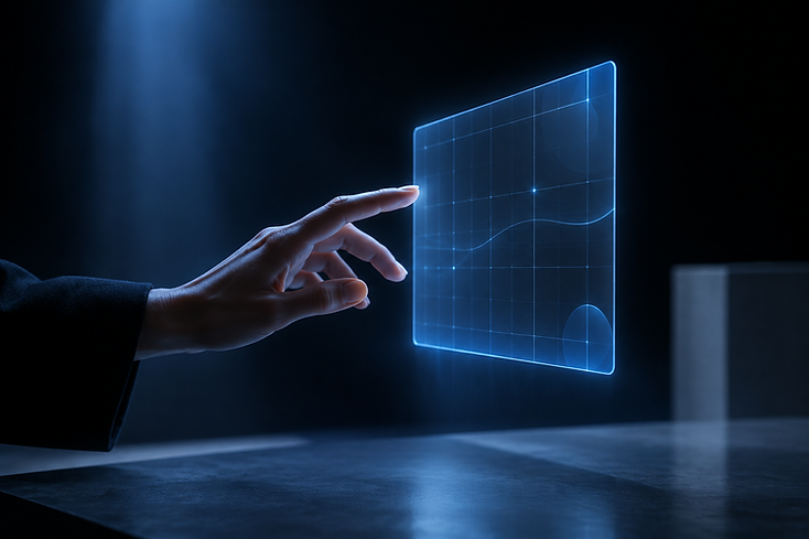 A hand reaching toward a holographic interface