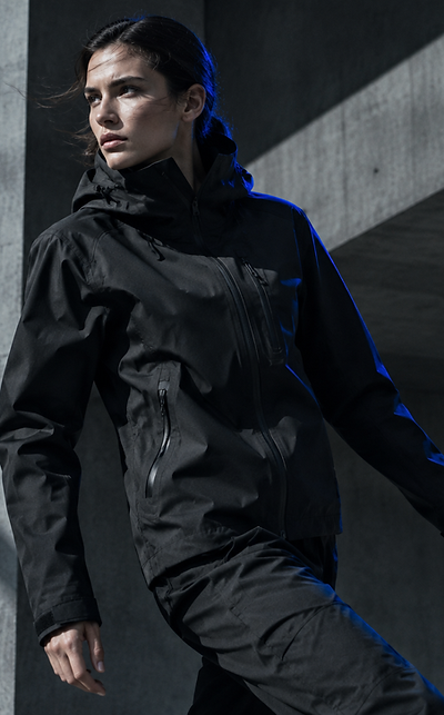 Model wearing FUTUREBOOM technical outerwear
