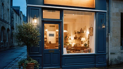 A small business storefront at blue hour with a warmly lit sign and clean glass windows