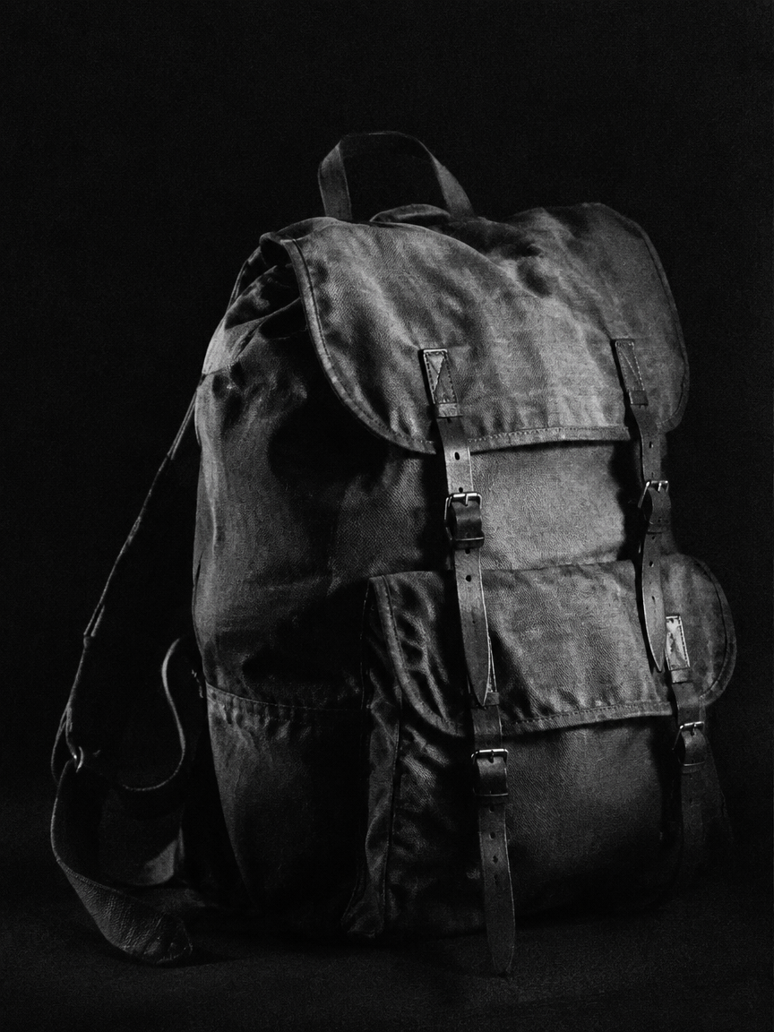 Weathered military rucksack in dramatic light