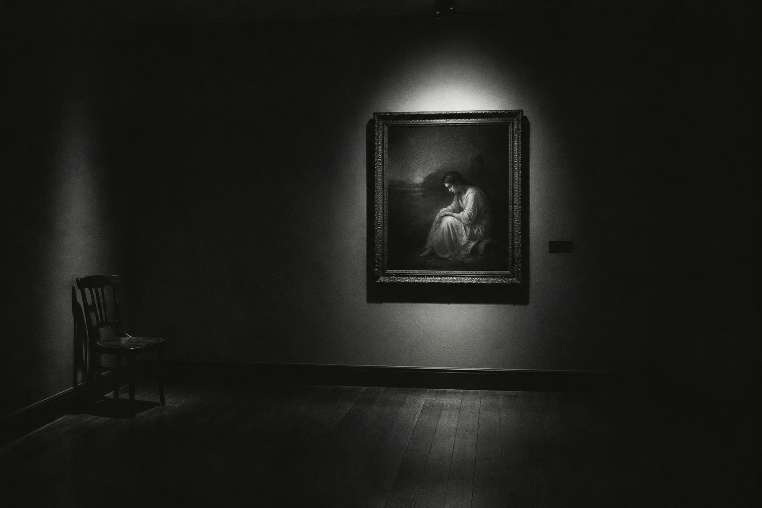 Dim gallery with a framed painting and an empty chair