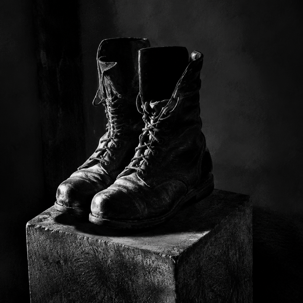 Worn combat boots on a plinth