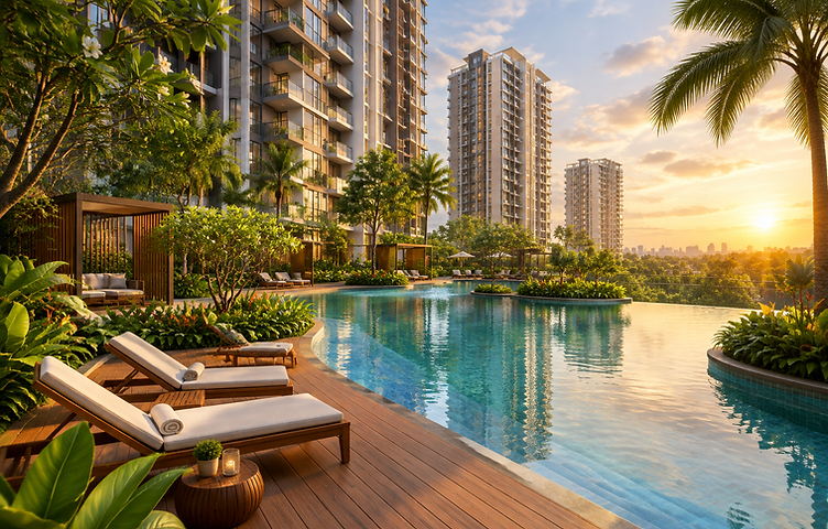 Landscaped deck with swimming pool