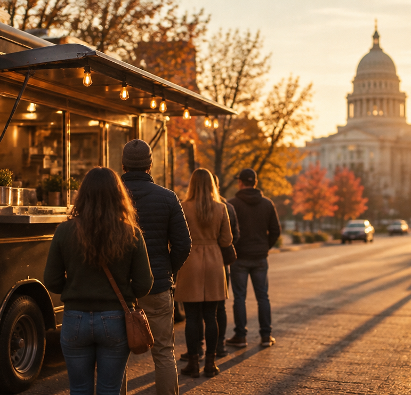 The Michelin Munchies truck parked on a downtown Boise street at golden hour with a line at the window