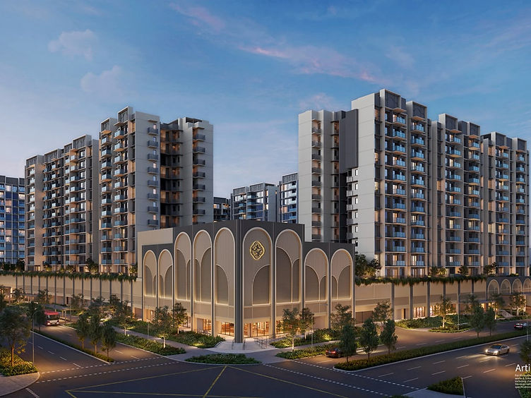 Aerial view of a modern mixed-use condominium development surrounded by greenery