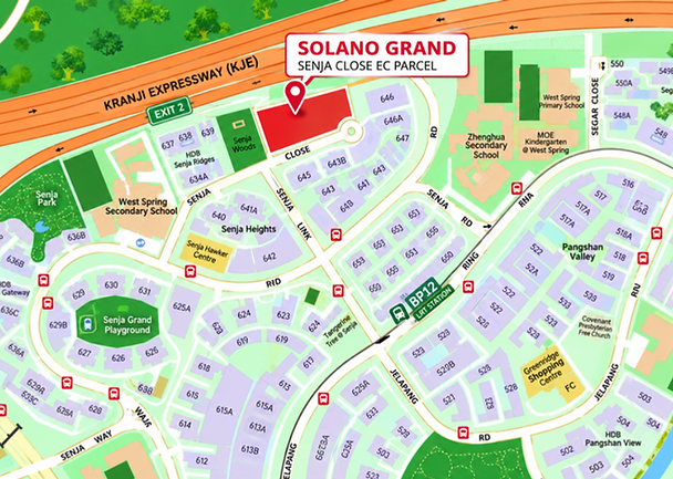 Map of the Senja Close area showing the Solano Grand site, with Senja Park, nearby LRT station, schools and amenities