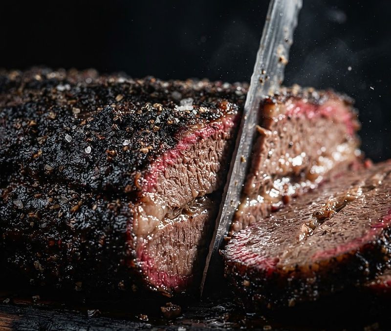 Macro view of sliced brisket bark and smoke ring