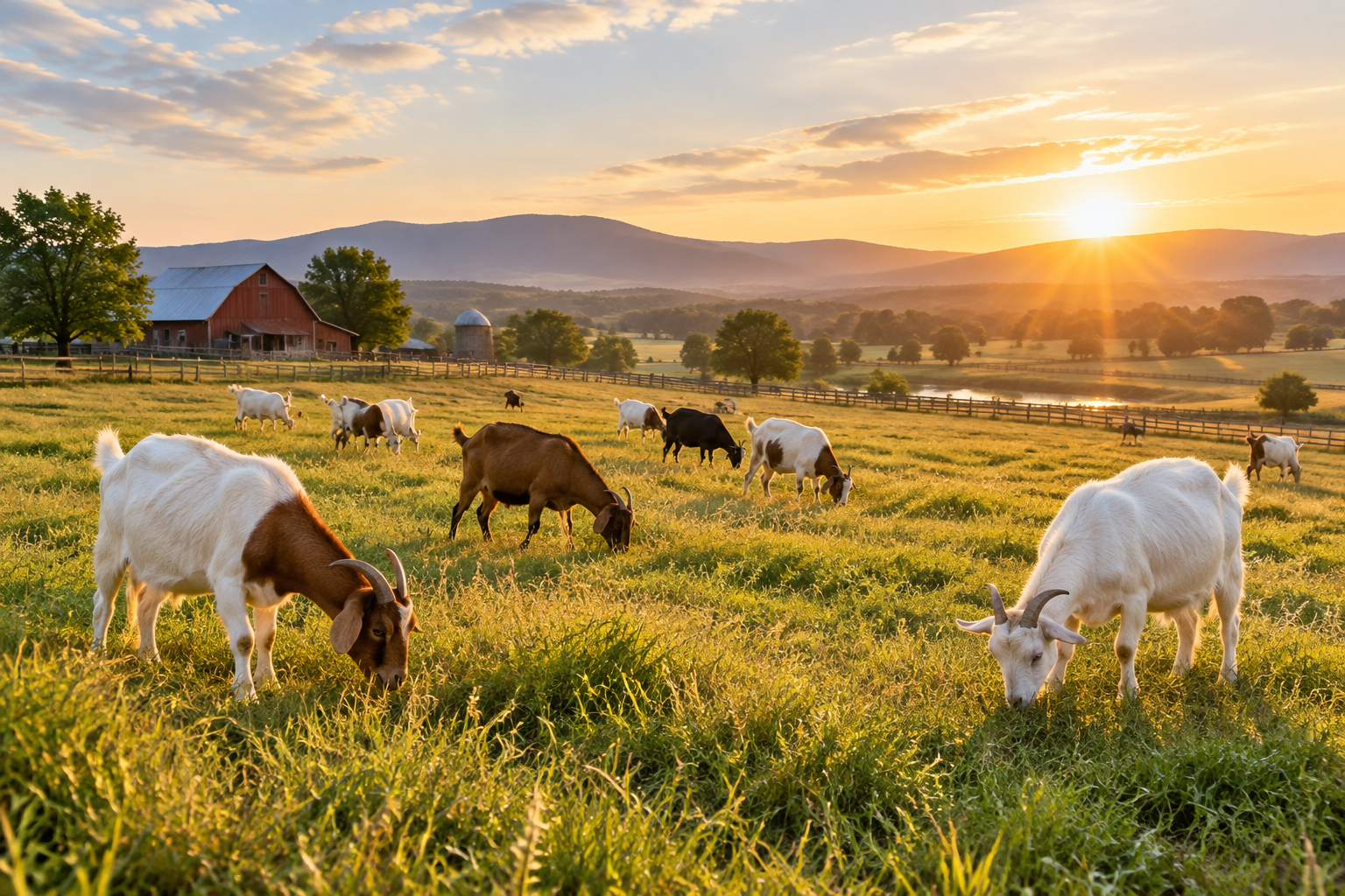 Goats grazing at sunrise on the farm