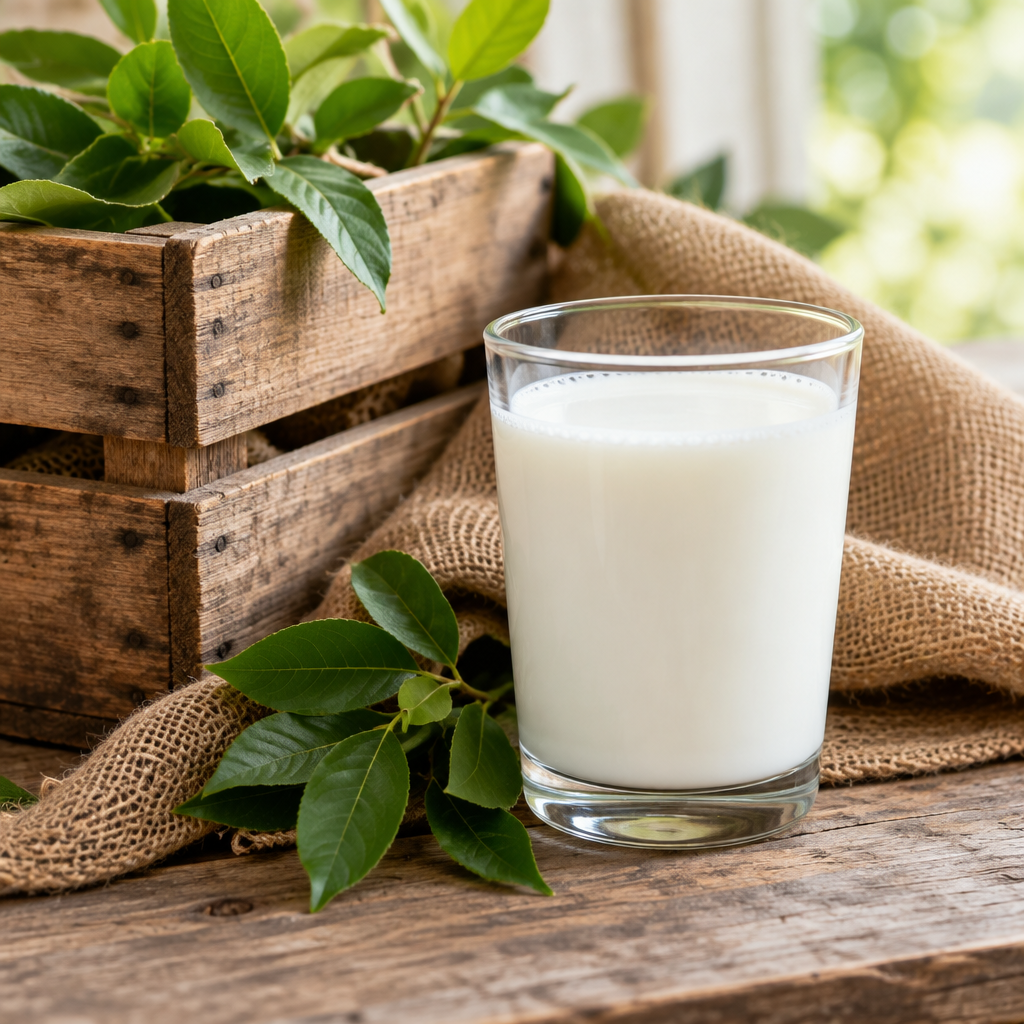 A glass of goat milk beside a wooden crate
