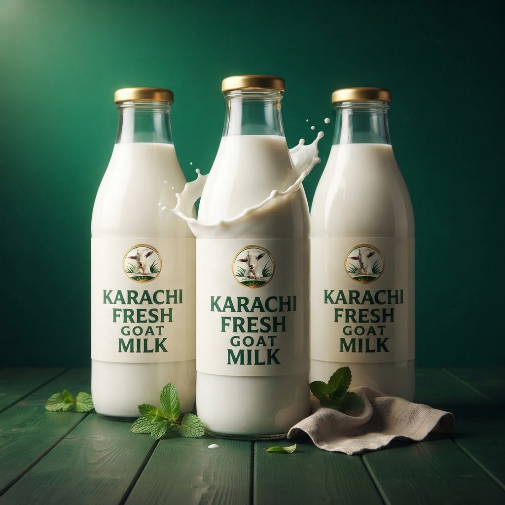 Bottles of fresh goat milk on a wooden table