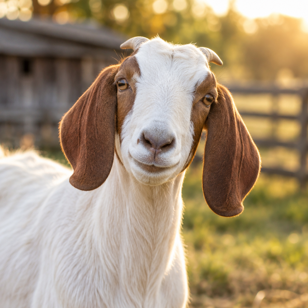 Portrait of a white goat with brown ears