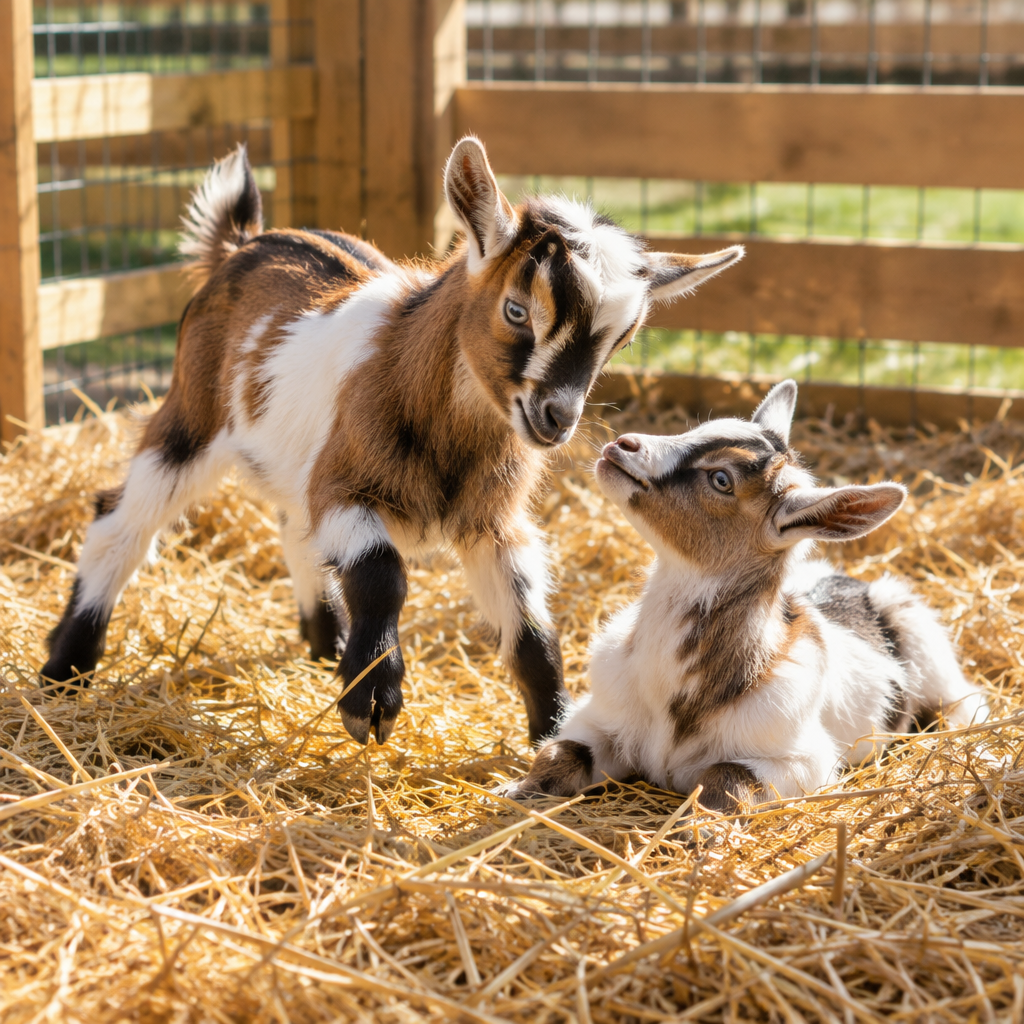Two young goat kids on straw
