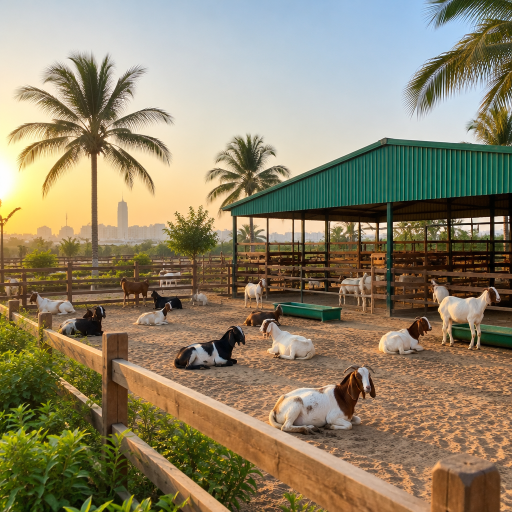 Goat farm with wooden fences and a green-roofed shed in Malir, Karachi