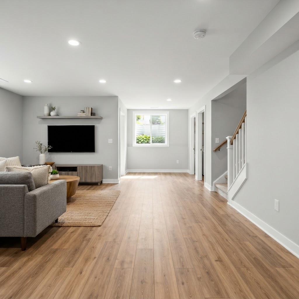 Example photo: dry finished basement with drywall walls and vinyl plank flooring