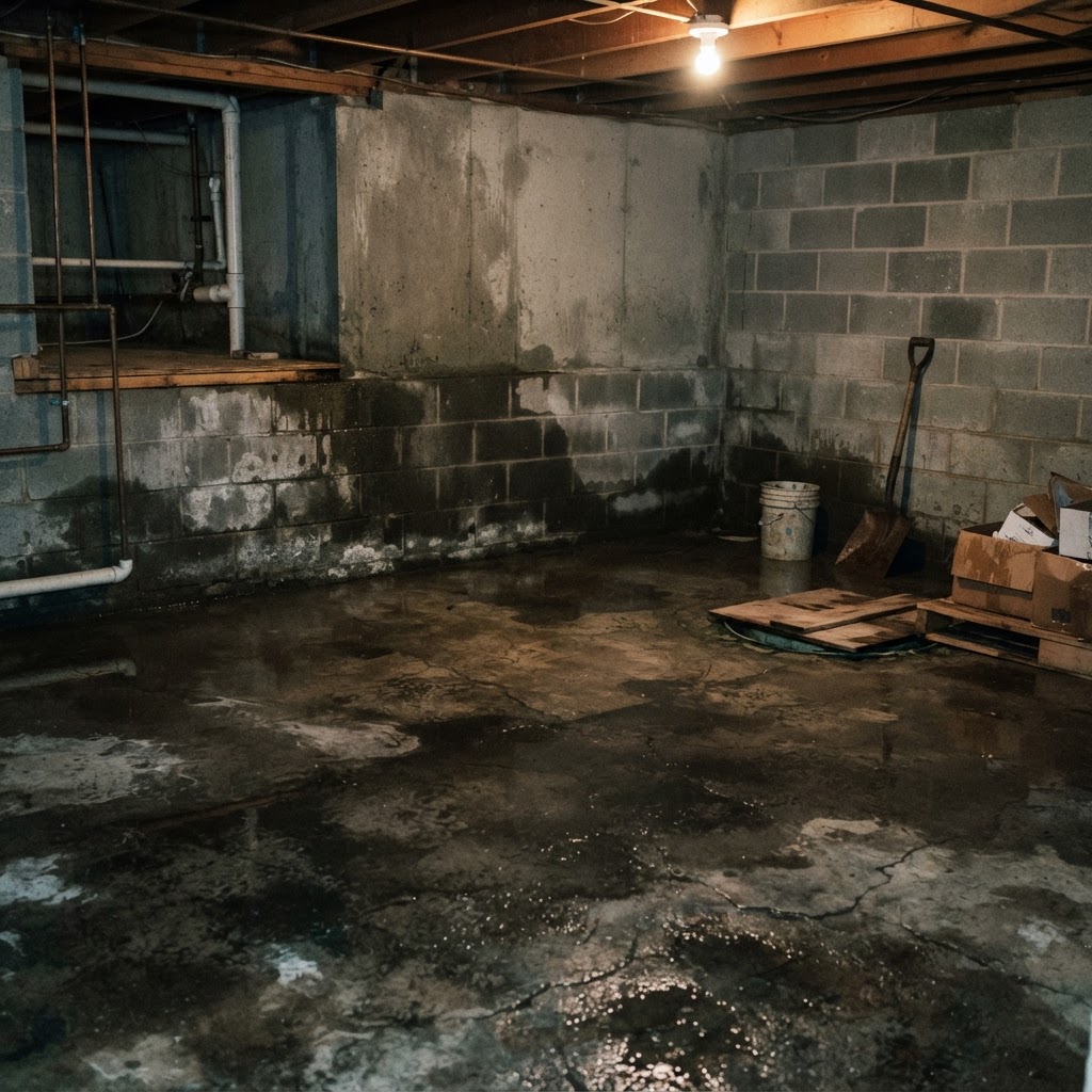 Standing water on an unfinished basement floor in a Delaware County, Indiana home